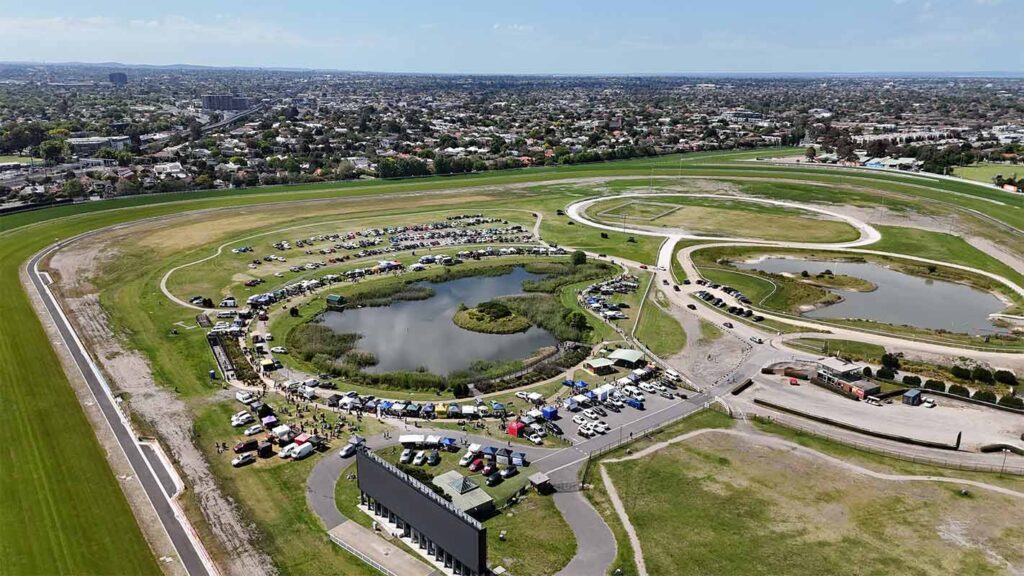 Drone shot of Caulfield Racecourse with lake