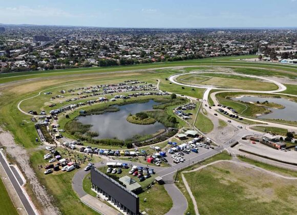 Drone shot of Caulfield Racecourse with lake